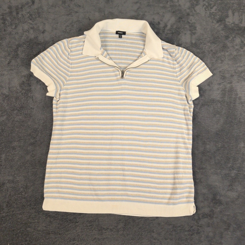 Express Sweater Mens XLT Blue Stripes Knit Short Sleeve Polo 100% Cotton 1/4 Zip